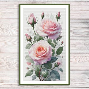 Aquarel rozen tak geteld kruissteekpatroon roze bloemen tak van tuin bloemen vintage bloemen digitaal borduurpatroon pdf
