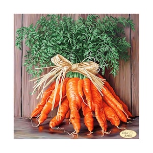 May include: A bunch of bright orange carrots tied together with a brown twine bow. The carrots are arranged in a fan shape with their green tops extending out from the center. The carrots are sitting on a wooden surface.