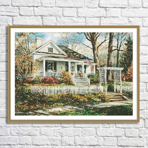 Sweet home Counted Cross Stitch Pattern Summer Landscape Pattern Hand Embroidery Needlepoint Chart Cottage Digital Pattern Victorian Cottage