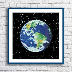 Planète Terre, motif de point de croix compté, broderie à la main, tableau à l'aiguille, galaxie, constellations, cosmos, univers, zodiaque, continents