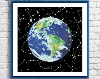 Planet Earth, Counted Cross Stitch Pattern, Hand Embroidery, Needlepoint chart, Galaxy, Constellations, Cosmos, Universe, Zodiac, Continents