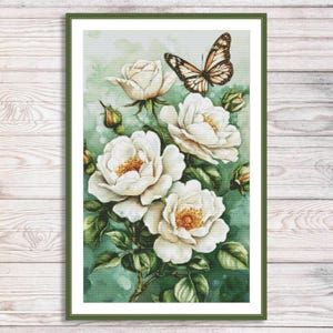 Aquarel rozen tak geteld kruissteekpatroon roze bloemen tak van tuin bloemen vintage bloemen digitaal borduurpatroon pdf