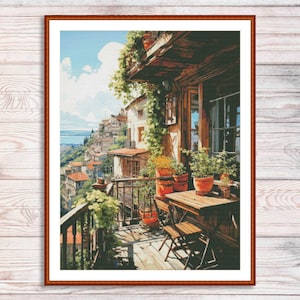 Sunny Street Counted Cross Stitch Pattern Village Cottage Flowers Floral House Hand Embroidery Needlepoint Chart Building Summer Landscape