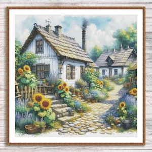 Wzór haftu krzyżykowego Dom wiejski Kwiaty ogrodowe Krajobraz letni Vintage Cottage Haft ręczny Haft krzyżykowy Wzór cyfrowy