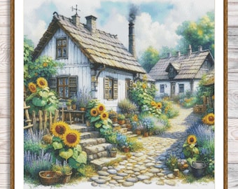 Può includere: Un cottage bianco con tetto di paglia e un camino, circondato da un giardino con girasoli e lavanda. Un sentiero di pietra conduce al cottage, e c'è un secondo cottage sullo sfondo.