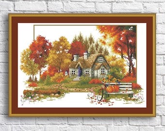 Autumn Story Counted Cross Stitch Pattern PDF Village Cottage Autumn forest House Hand Embroidery Needlepoint Chart Digital Pattern Building