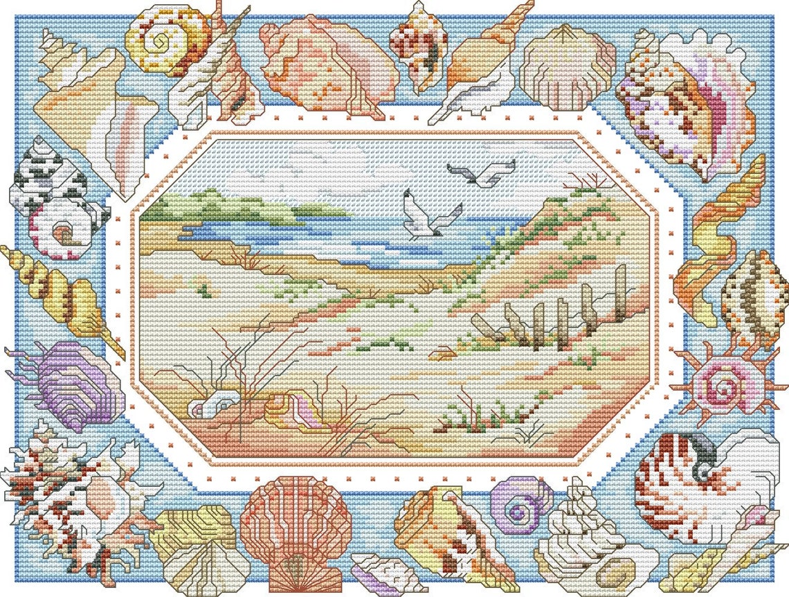Seashell Counted Cross Stitch Pattern Seashore Wave Digital Etsy