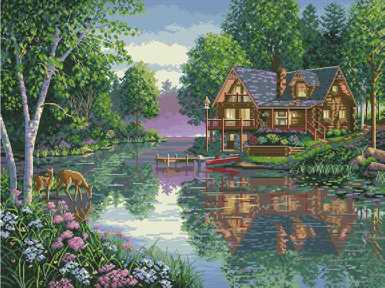 Zählmuster für Kreuzstich: Landschaftsmotiv „Cabin Fever“ (Wald, Reh, See), Handstickerei, Nadelspitzenvorlage, Dorf, Hütte (PDF) Bild 3