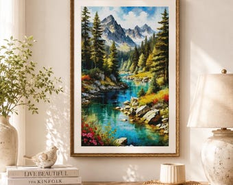 Sommer Landschaft Kreuzstichmuster Sonnenuntergang Wald Berge Fluss Wasserfall Stickerei Nadelspitze Stickmuster