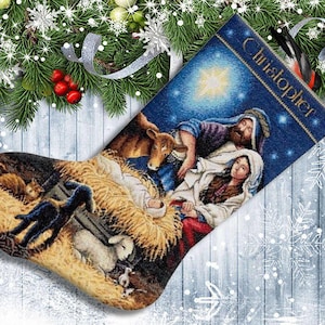 Holy Night Christmas Stocking Counted Cross Stitch Pattern Santa Embroidery Hand Xstitch Decor Embroidery Chart Needlepoint Chart image 4