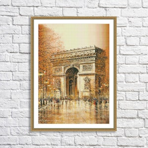 Może przedstawiać: Malowanie przedstawiające Łuk Triumfalny w Paryżu, we Francji. Łuk jest zbudowany z kamienia i ma duży łuk w środku. Przed łukiem widać ludzi spacerujących, a niebo jest jasnoniebieskie.