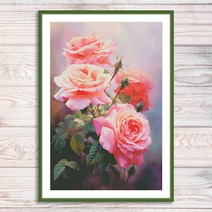 Aquarel rozen tak geteld kruissteekpatroon roze bloemen tak van tuin bloemen vintage bloemen digitaal borduurpatroon pdf