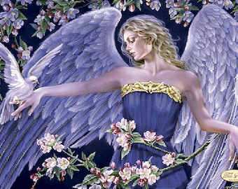 May include: A white dove with outstretched wings sits on the hand of an angel with long blonde hair and a blue dress. The angel is surrounded by white and pink blossoms.