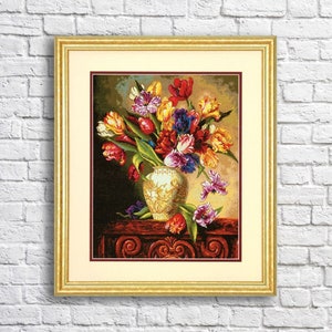 Papegaai Tulpen Cross Stitch Patroon PDF Digitaal Patroon Modern Decor Wilde Bloemen Patroon Boeket Borduren Naaldkaart Downloaden