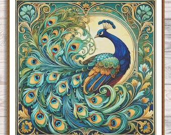 Oriental peacock Cross Stitch Pattern Digital Pattern Flowers Decor Tropical  Bird Elegant Art Nouveau Bird Embroidery Chart Needlework