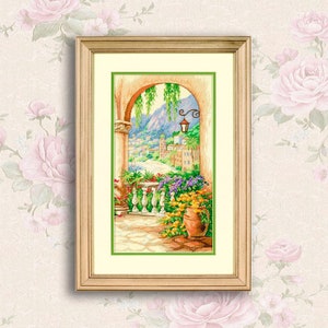 Terrace Arch Cross Stitch Pattern Summer Landscape Pattern Hand Embroidery Needlepoint Digital Pattern Modern Decor Counted cross stitch PDF