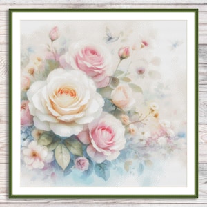 Boeket rozen geteld kruissteekpatroon Vintage bloemenborduurwerk Digitaal patroon PDF Rode rozen borduren borduurpatroon