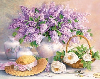 May include: A still life painting depicting a bunch of purple lilacs in a white vase, a straw hat with a pink ribbon, a white jug, a white porcelain vase with floral patterns, and a wicker basket full of white roses.