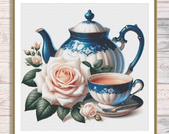 Tasse Tee Kreuzstichmuster Digitales Muster Blumen Stillleben Teekanne-Service Rosen Muster Handstickerei Nadelspitze Stickmuster