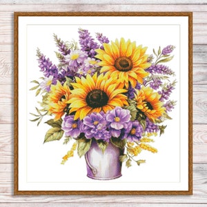 Boeket Zonnebloemen Lavendel Kruissteekpatroon Digitaal patroon Modern decor Wilde bloemen Patroon Boeket borduren Borduurpatroon