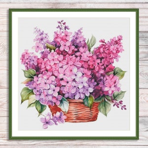 Aquarel lila tak geteld kruissteekpatroon Violet Frowers Tak van tuinbloemen Vintage bloemen digitaal borduurpatroon pdf