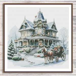 May include: A snowy winter scene with a large Victorian house decorated for Christmas. A horse-drawn carriage with a driver and a horse are in the foreground, with a snow-covered path leading to the house.