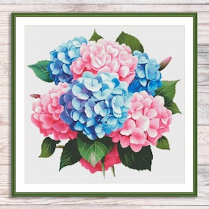 Hortensia geteld kruissteekpatroon Digitaal patroon Modern bloemendecorpatroon Zomerbloem borduren borduurpatroon PDF downloaden