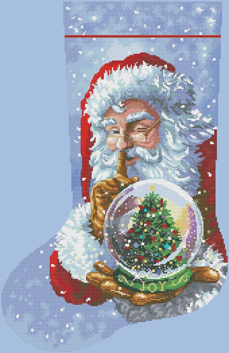 Weihnachtsstrumpf Weihnachtsmann mit Glaskugel Kreuzstichvorlage Zählmuster Weihnachtsmann Stickerei XStitch Embroidery Needlepoint Chart Sofortiger download Bild 2