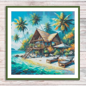Beach Houses Counted Cross Stitch Pattern Bungalow Palms Seashore Waves Summer Beach Landscape Pattern Hand Embroidery Needlepoint chart