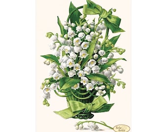 May include: A bouquet of white lily of the valley flowers in a green vase with a green ribbon bow. The vase is decorated with a green swirl design. The image includes the text "Tela Artis".