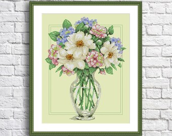 Flowers in Tall vase Cross Stitch Pattern Digital Pattern Modern Decor Wild Flowers Pattern Bouquet Embroidery Needlepoint Chart Download
