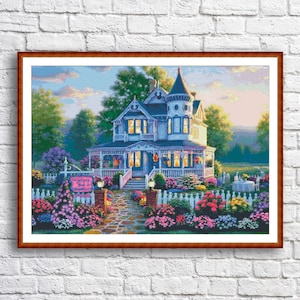 Victorian Cottage Counted Cross Stitch Pattern Summer Landscape Pattern Hand Embroidery Needlepoint Chart Cottage Digital Pattern
