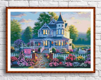 Victorian Cottage Counted Cross Stitch Pattern Summer Landscape Pattern Hand Embroidery Needlepoint Chart Cottage Digital Pattern