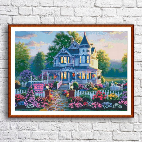 Victorian Cottage Counted Cross Stitch Pattern Summer Landscape Pattern Hand Embroidery Needlepoint Chart Cottage Digital Pattern