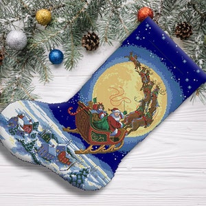 Here Comes Santa Christmas Stocking Counted Cross Stitch Pattern Santa Deer Embroidery Hand stitching Embroidery Chart Needlepoint Chart