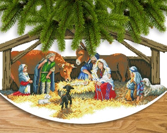 Sapin de Noël jupe scène de la Nativité compté point de croix motif boules PDF broderie main Xstitch broderie tableau tapisserie tableau bricolage