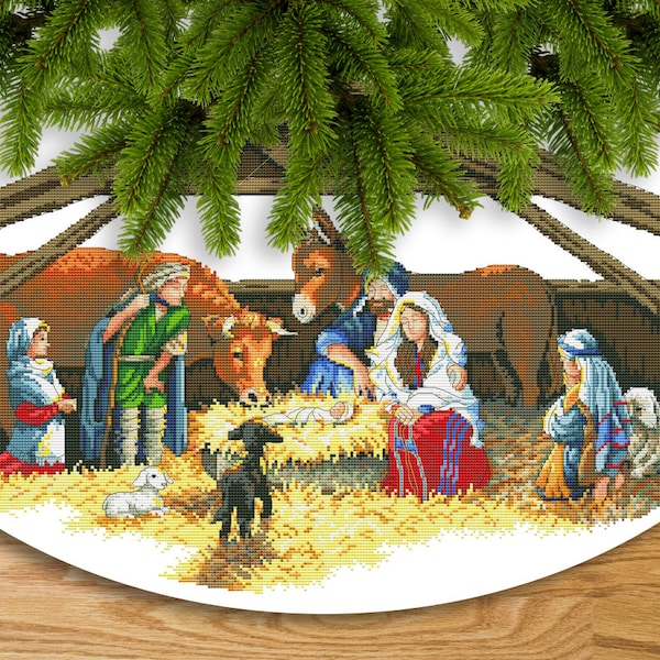 Sapin de Noël jupe scène de la Nativité compté point de croix motif boules PDF broderie main Xstitch broderie tableau tapisserie tableau bricolage