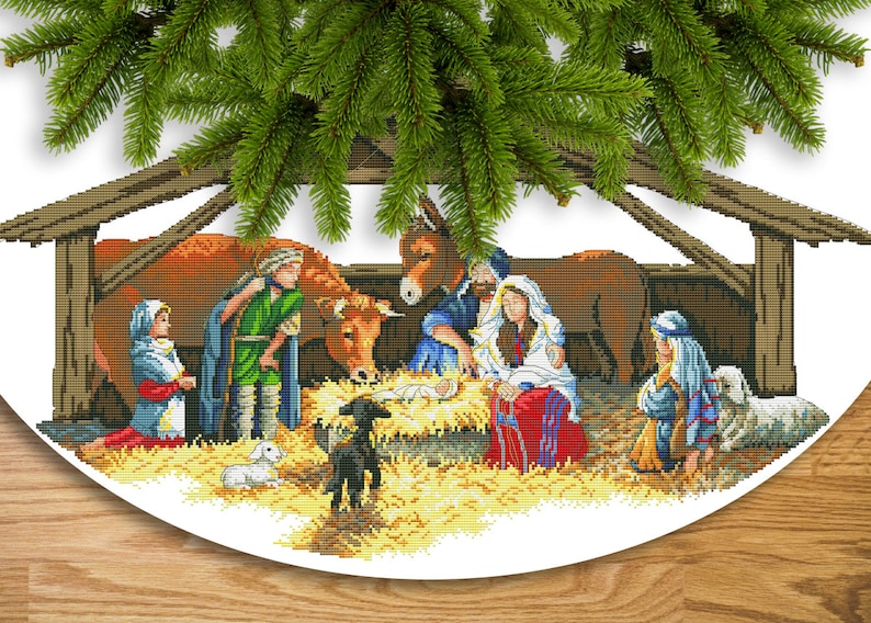 Christmas Tree Skirt Nativity Scene Counted Cross Stitch Etsy