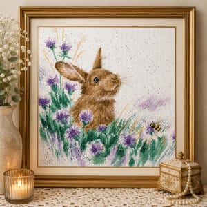 May include: A framed cross-stitch embroidery featuring a brown rabbit surrounded by purple thistle flowers and green foliage on a white fabric background. A small bee is visible near the bottom right, with black speckles scattered across the scene.