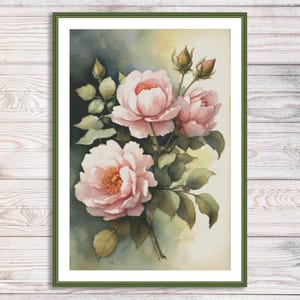 Aquarel rozen tak geteld kruissteekpatroon gele bloemen Tak van tuinbloemen Vintage bloemen digitaal borduurpatroon pdf