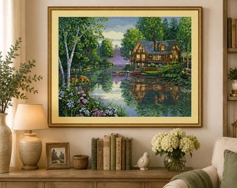 Counted Cross Stitch Pattern Cabin Fever Landscape Pattern Forest Deer Lake Hand Embroidery Needlepoint Chart Village Cottage Pattern PDF