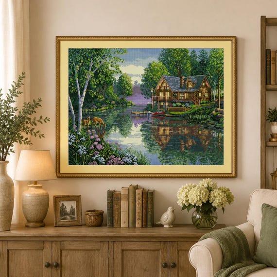 Counted Cross Stitch Pattern Cabin Fever Landscape Pattern Forest Deer Lake Hand Embroidery Needlepoint Chart Village Cottage Pattern PDF