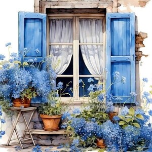 May include: A watercolor painting of a window with blue shutters and white curtains. The window is surrounded by blue flowers in pots.