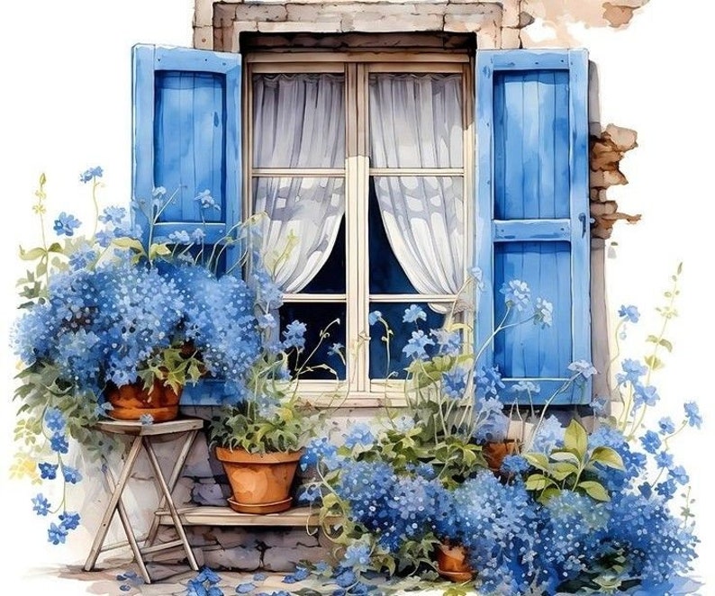 May include: A watercolor painting of a window with blue shutters and white curtains. The window is surrounded by blue flowers in pots.