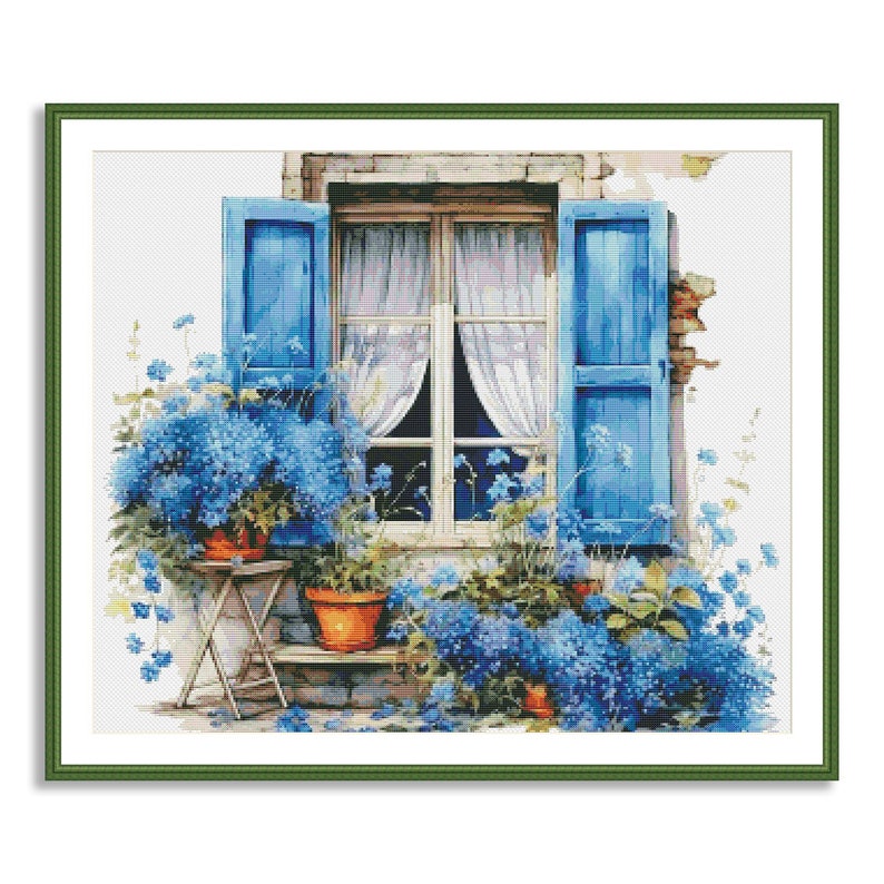 May include: A window with blue shutters and white curtains is framed by a brick wall.  The window is decorated with blue flowers in pots.