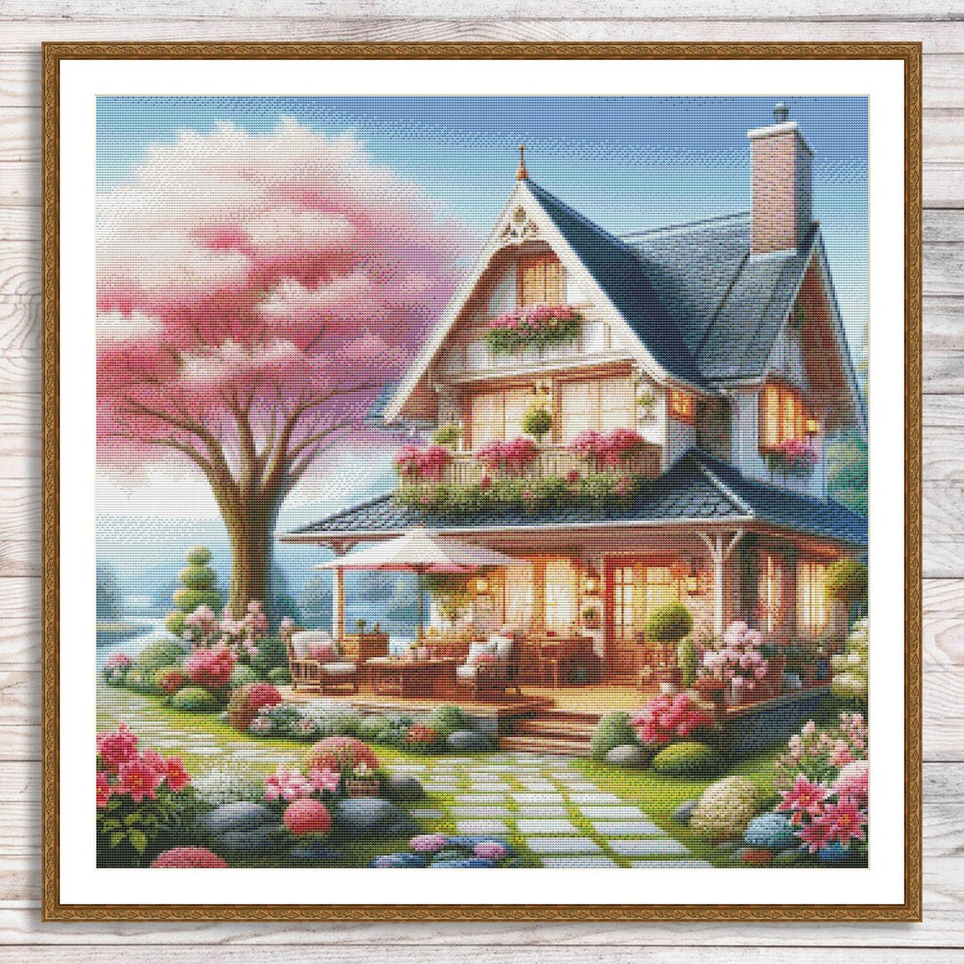 Vintage Cottage Counted Cross Stitch Pattern Summer Landscape Pattern ...