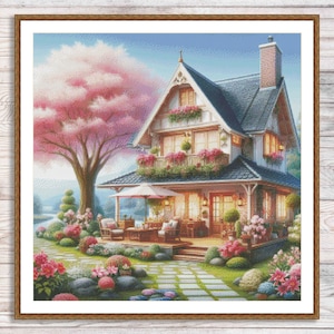 Vintage Cottage Counted Cross Stitch Pattern Summer Landscape Pattern Hand Embroidery Needlepoint Chart Cottage Digital Pattern