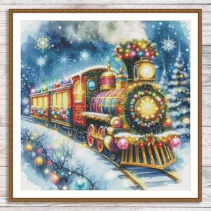 Santa Express Train Christmas Cross Stitch Pattern Snowy Mountains Moon Midnight Christmas Tree Hand Stitching Pattern Needlepoint