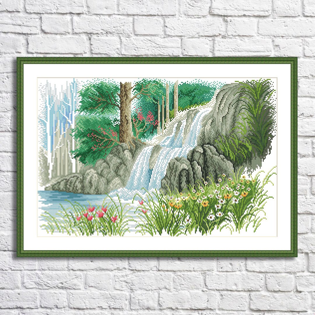 Waterfall Counted Cross Stitch Pattern Spring Landscape Hand Embroidery ...