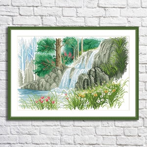 Waterfall Counted Cross Stitch Pattern Spring landscape Hand Embroidery Needlepoint Chart Cottage Pattern PDF Modern Cross Stitch